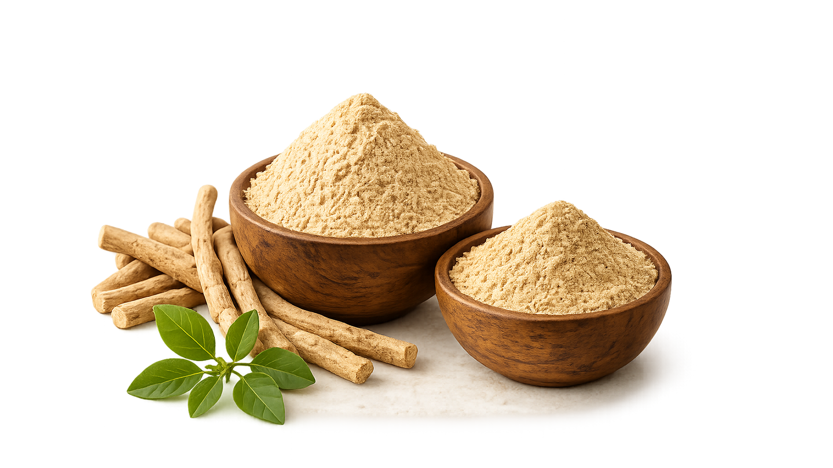 Ashwagandha Root Powder in wooden bowl with roots