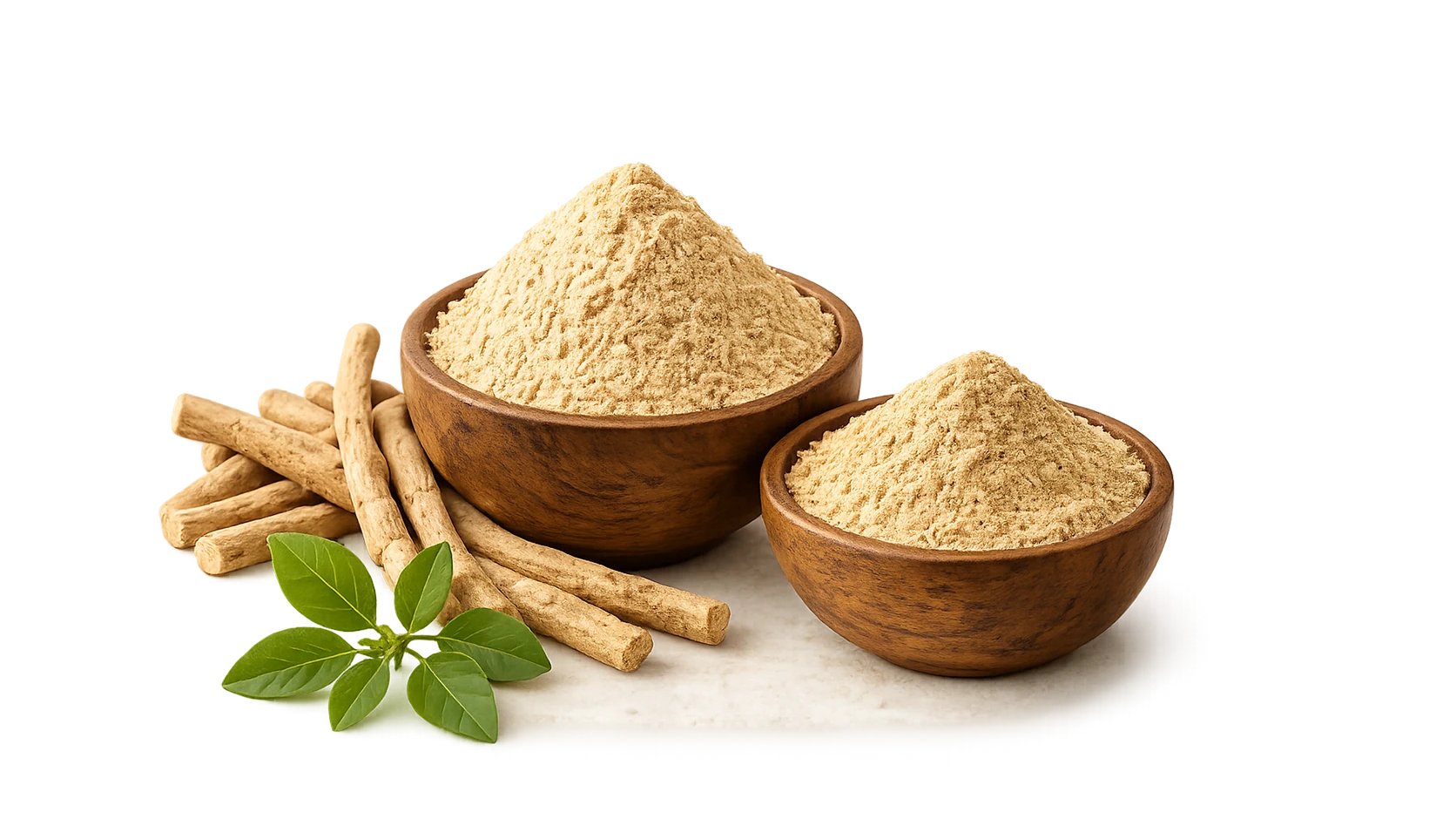 Ashwagandha powder in wooden bowl with roots